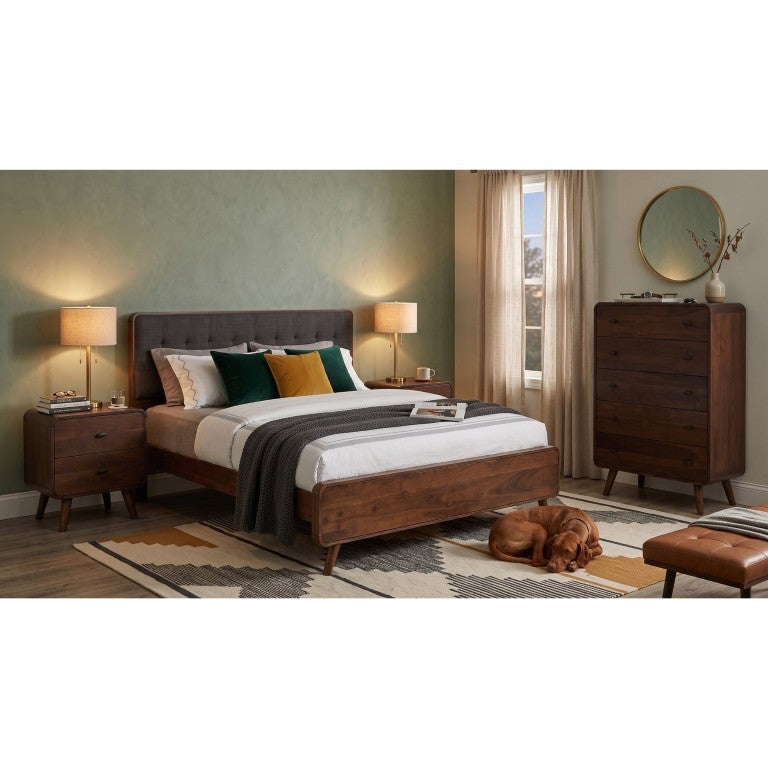 English Elm Rowan Mid-Century Eastern King Bedroom Set with Walnut Veneer and Tufted Headboard B2777S00718