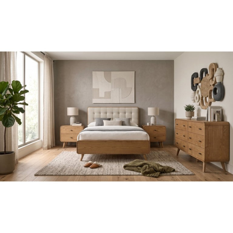 English Elm Rowan Mid-Century Queen Bedroom Set with Tufted Headboard and Light Ash Finish B2777S00719
