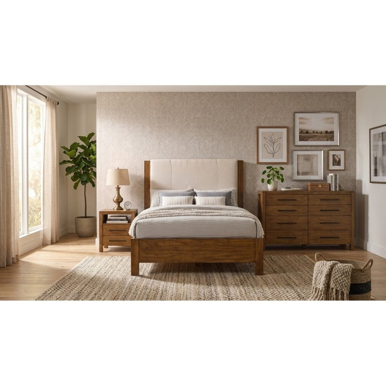 English Elm Ashcourt Modern Rustic Queen Bedroom Set with Upholstered Bed and Brass Hardware B2777S00727