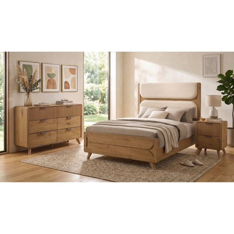 English Elm Sinclair Queen Bedroom Set with Oak Veneer Reeded Drawers and Cream Upholstered Headboard B2777S00732