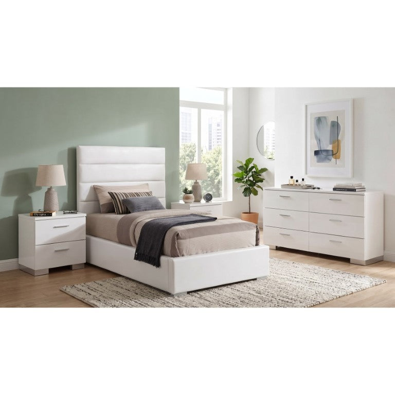 English Elm Zephyr Twin Bedroom Set with Glossy White Finish Chrome Handles and Tufted Headboard B2777S00753