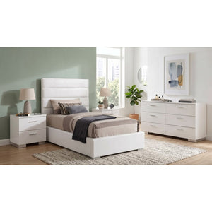 English Elm Zephyr Twin Bedroom Set with Glossy White Finish Chrome Handles and Tufted Headboard B2777S00753