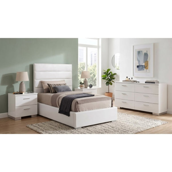 English Elm Zephyr Twin Bedroom Set with Glossy White Finish Chrome Handles and Tufted Headboard B2777S00753