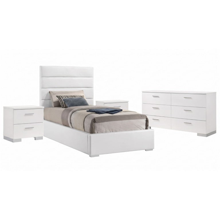 English Elm Zephyr Twin Bedroom Set with Glossy White Finish Chrome Handles and Tufted Headboard B2777S00753