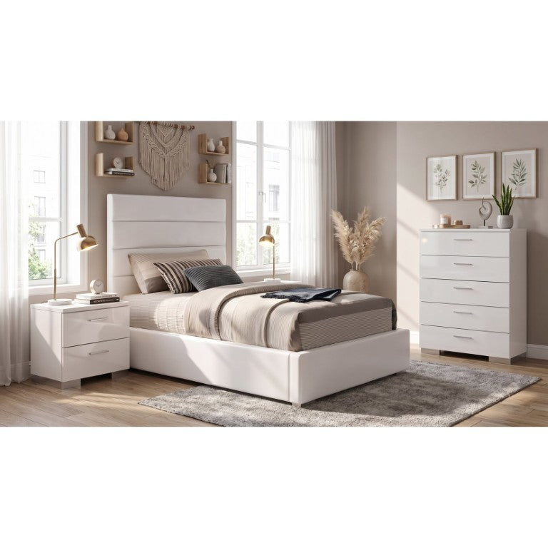 English Elm Zephyr White Faux Leather Twin Bedroom Set with Gloss Finish and Chrome Accents B2777S00754