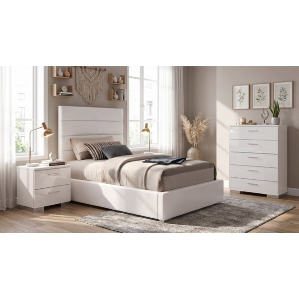 English Elm Zephyr White Faux Leather Twin Bedroom Set with Gloss Finish and Chrome Accents B2777S00754