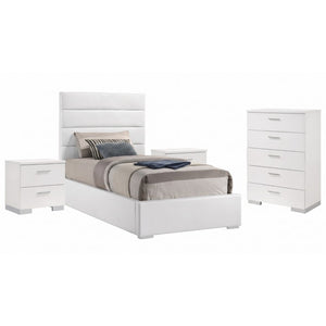 English Elm Zephyr White Faux Leather Twin Bedroom Set with Gloss Finish and Chrome Accents B2777S00754
