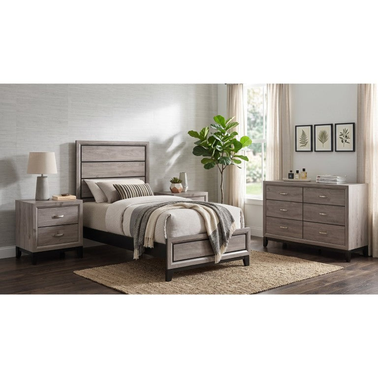 English Elm Wesley Twin Panel Bedroom Set with Groove Detailing Nickel Hardware and Taupe Finish B2777S00759