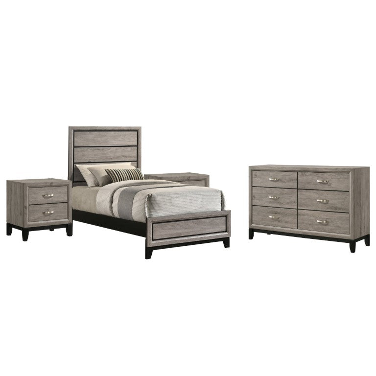 English Elm Wesley Twin Panel Bedroom Set with Groove Detailing Nickel Hardware and Taupe Finish B2777S00759