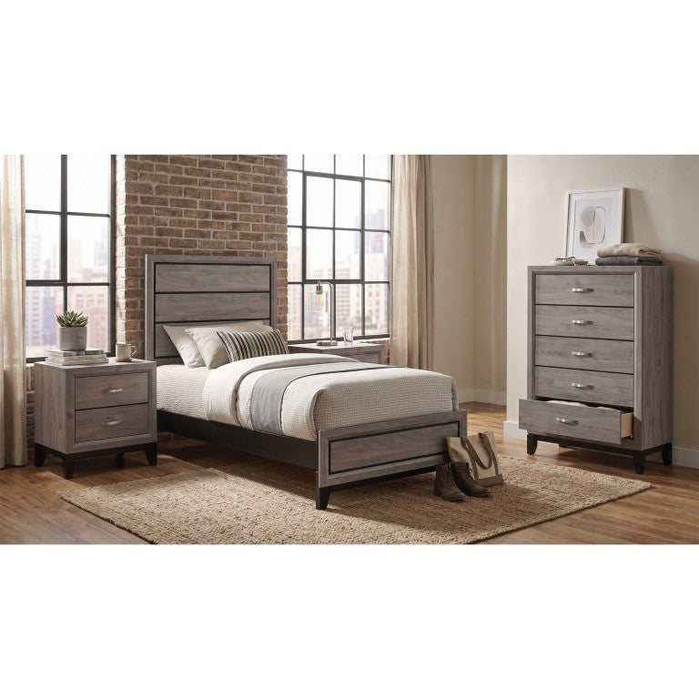 English Elm Wesley Taupe Twin Bedroom Suite with Groove Panels Nickel Accents and Storage Chest B2777S00760