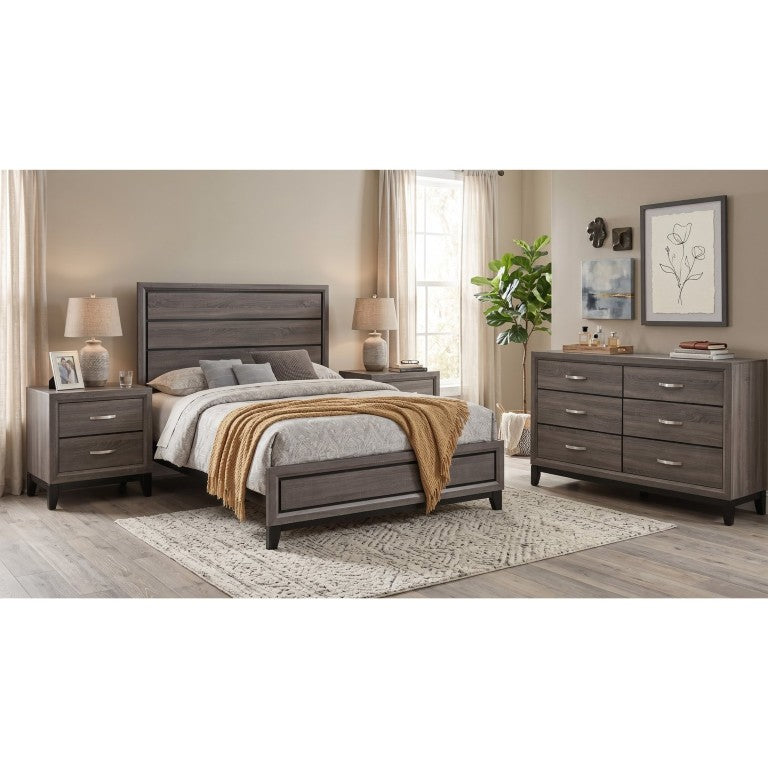 English Elm Wesley Grey Oak Queen Bedroom Set with Grooved Panels Nickel Hardware and Six Drawers B2777S00761