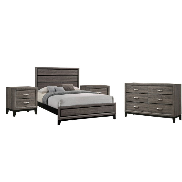 English Elm Wesley Grey Oak Queen Bedroom Set with Grooved Panels Nickel Hardware and Six Drawers B2777S00761