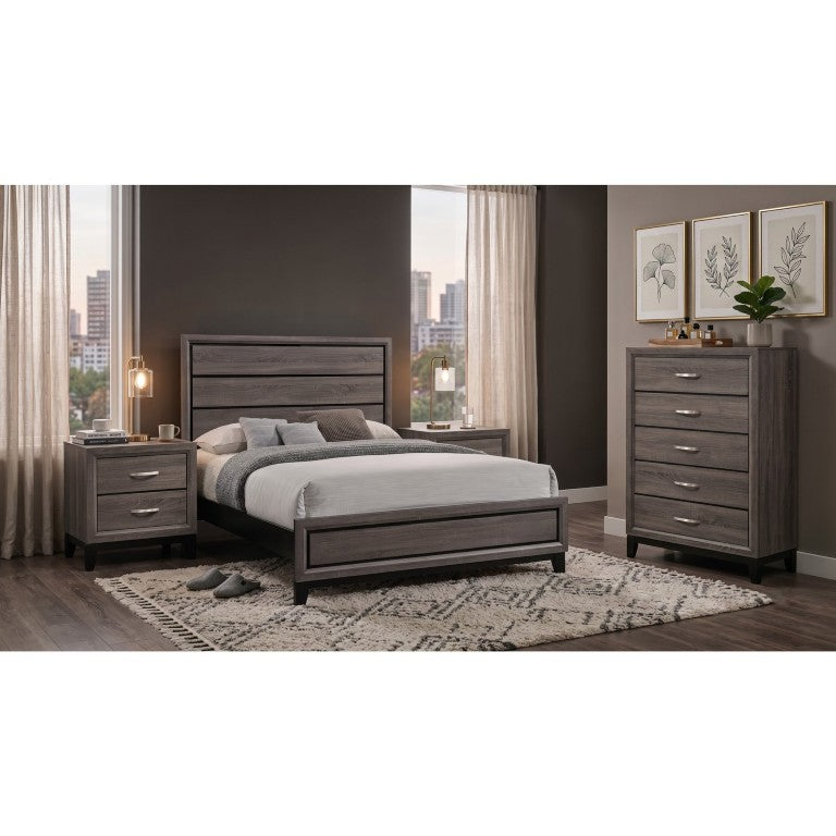English Elm Wesley Grey Oak Queen Bedroom Set with Panel Bed Chest and Dual Nightstands B2777S00762