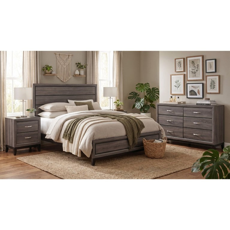 English Elm Wesley Grey Oak Bedroom Set with Panel Bed Dresser and Matching Nightstands B2777S00763