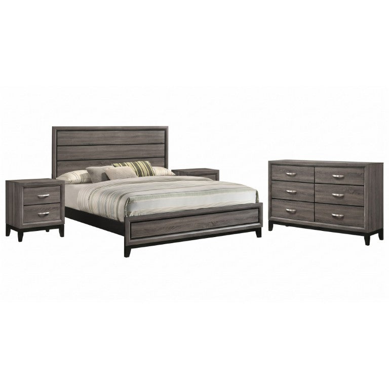 English Elm Wesley Grey Oak Bedroom Set with Panel Bed Dresser and Matching Nightstands B2777S00763