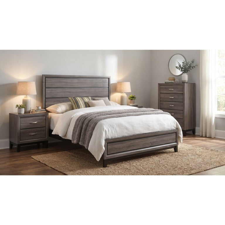 English Elm Wesley Grey Oak King Bedroom Set with Panel Bed Nightstands and Tall Chest B2777S00764