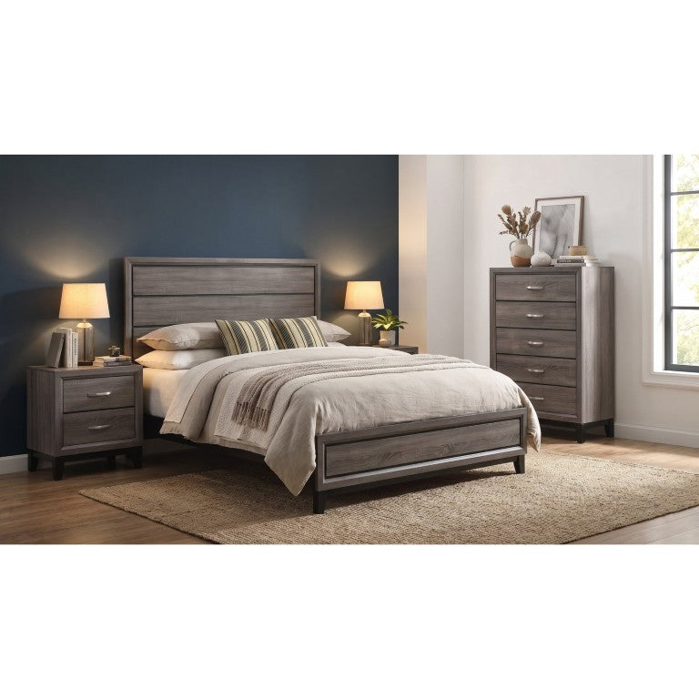 English Elm Wesley Grey Oak King Bedroom Set with Panel Bed Nightstands and Tall Chest B2777S00764