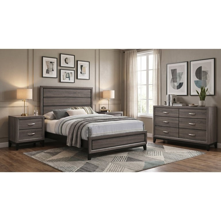 English Elm Wesley Grey Oak Four Piece Full Bedroom Set with Grooved Panel Bed and Nickel Hardware B2777S00765