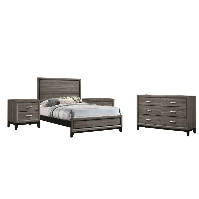 English Elm Wesley Grey Oak Four Piece Full Bedroom Set with Grooved Panel Bed and Nickel Hardware B2777S00765