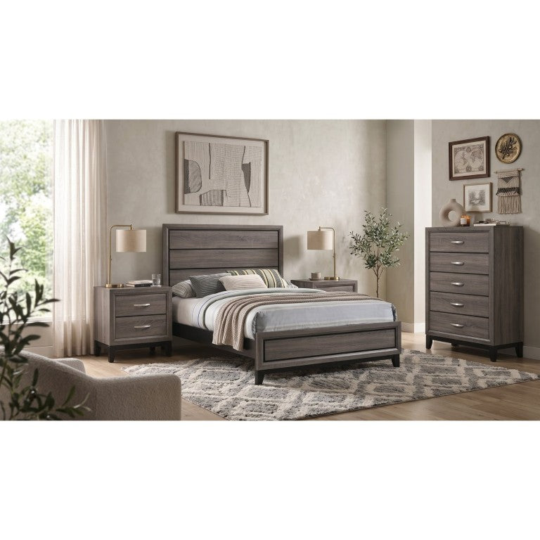 English Elm Wesley Grey Oak Four Piece Bedroom Collection with Groove Panel Detailing and Nickel Hardware B2777S00766