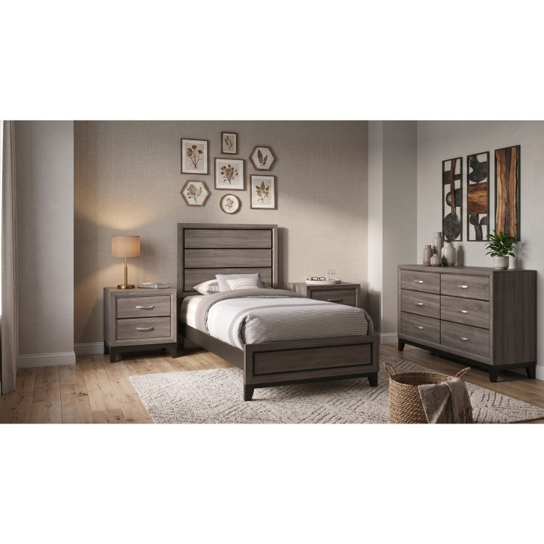 English Elm Wesley Grey Oak Twin Bedroom Set with Groove Detailing and Six Drawer Dresser B2777S00767