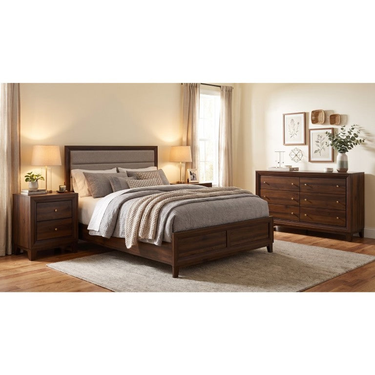 English Elm Weston Walnut Veneer Queen Bedroom Set with Taupe Upholstered Bed and Gold Knobs B2777S00769