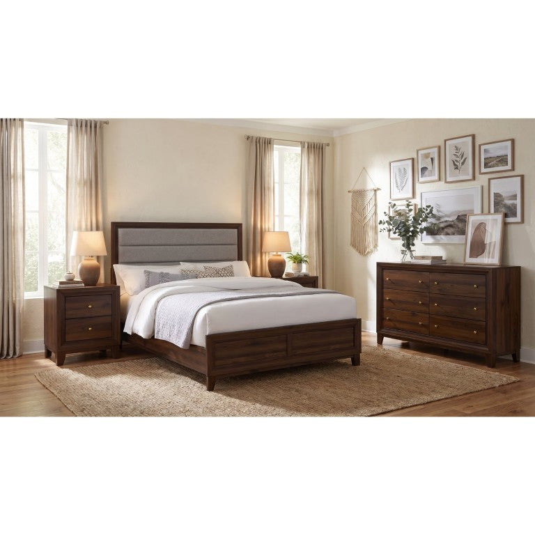 English Elm Weston Walnut Veneer Queen Bedroom Set with Taupe Upholstered Bed and Gold Knobs B2777S00769