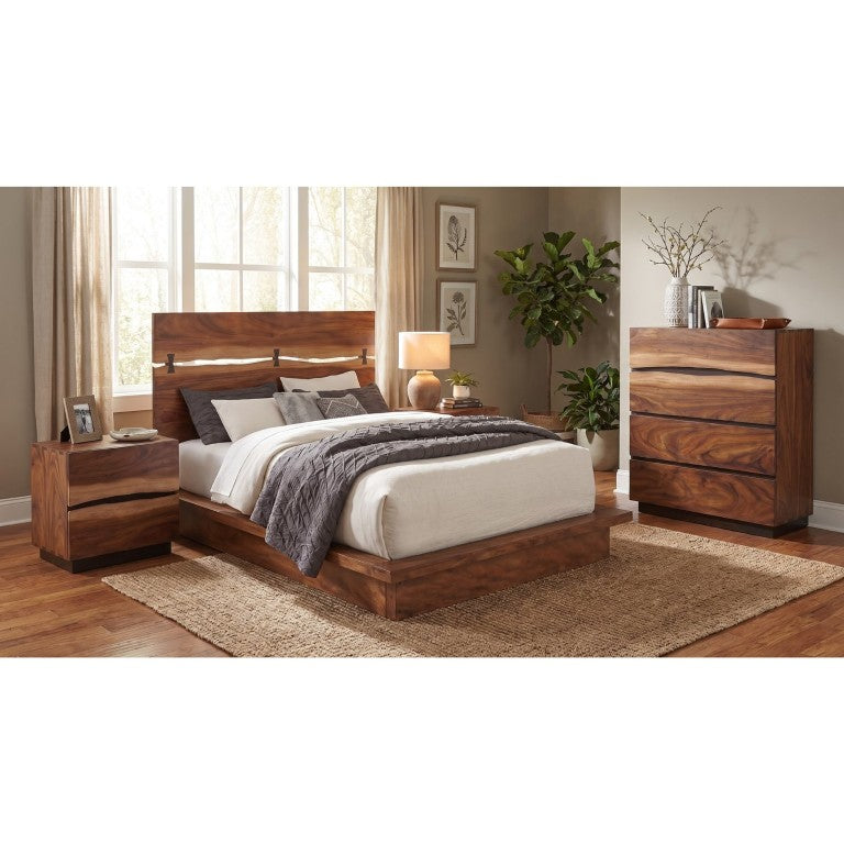 English Elm Winston Smokey Walnut Queen Bedroom Set with Live Edge Panels and Sculptural Headboard B2777S00773