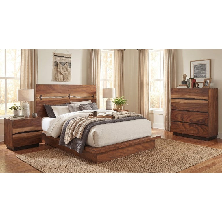 English Elm Winston Smokey Walnut Queen Bedroom Set with Live Edge Panels and Sculptural Headboard B2777S00773