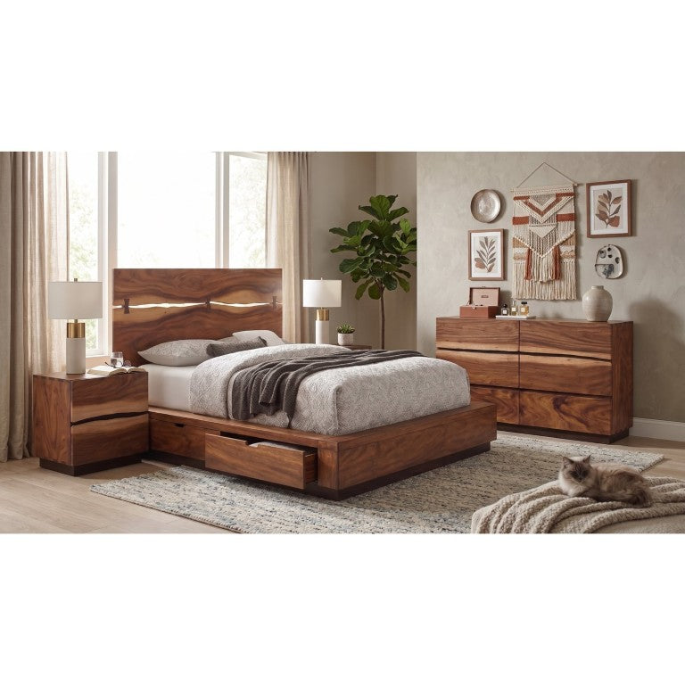English Elm Winston Smokey Walnut Queen Bedroom Set with Live Edge Headboard and Storage Bed B2777S00776