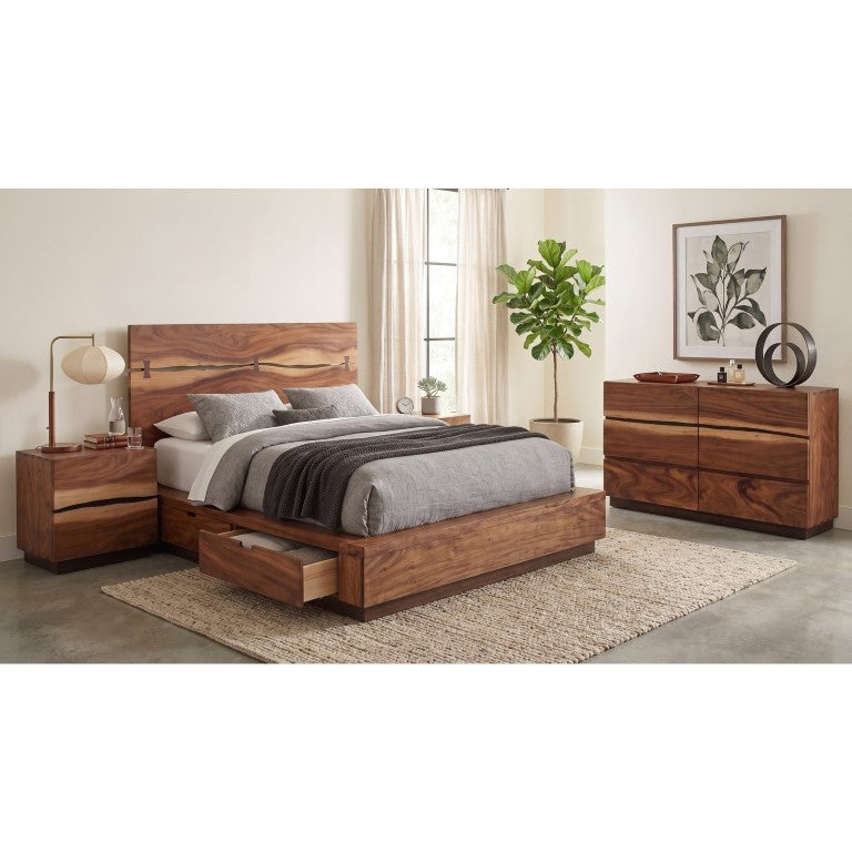 English Elm Winston Smokey Walnut Queen Bedroom Set with Live Edge Headboard and Storage Bed B2777S00776