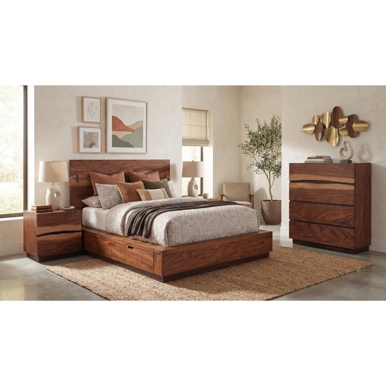 English Elm Winston Smokey Walnut Queen Bedroom Set with Live Edge Headboard and Hidden Storage B2777S00777