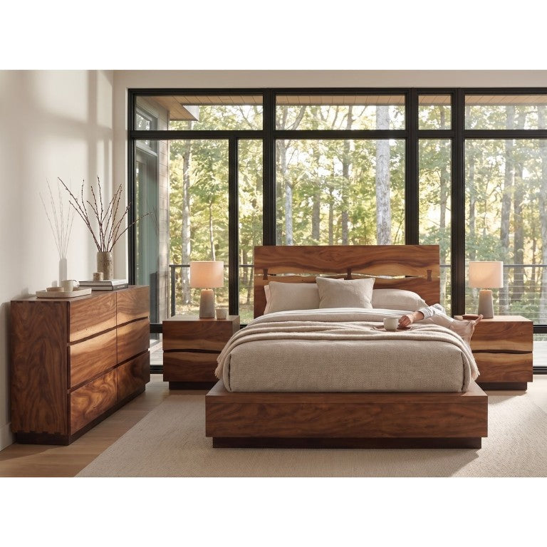 English Elm Winston Smokey Walnut King Bedroom Set with Live Edge Fronts and Hidden Storage B2777S00778