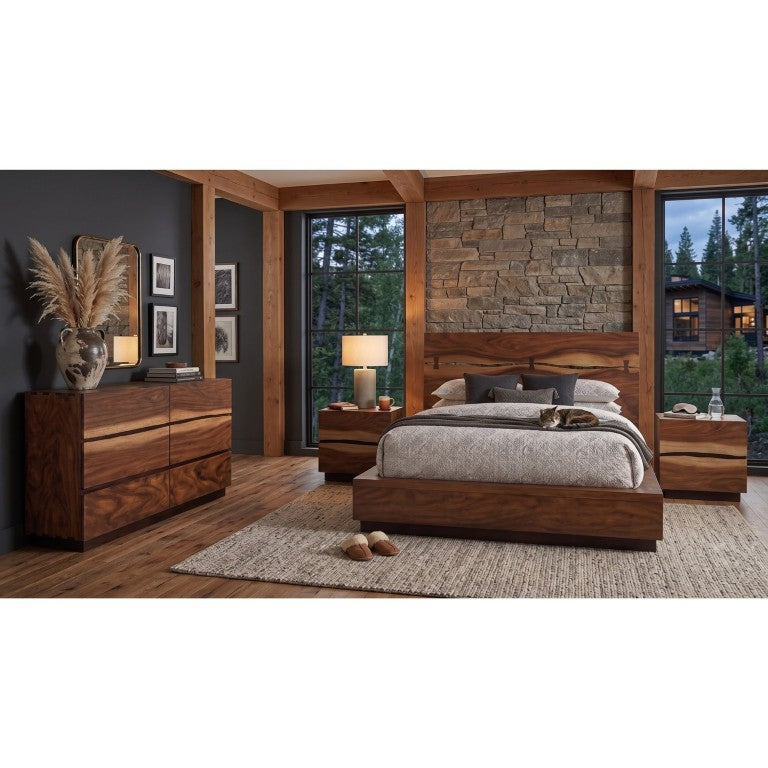English Elm Winston Smokey Walnut King Bedroom Set with Live Edge Fronts and Hidden Storage B2777S00778