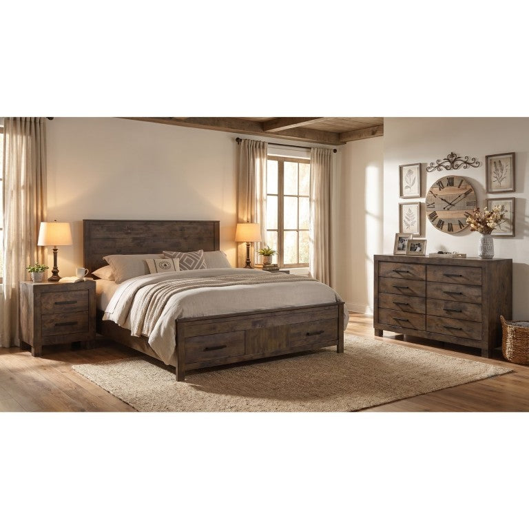 English Elm Waverly Wire-Brushed Panel Bedroom Set with Storage Drawers and Matte Wood Finish B2777S00781