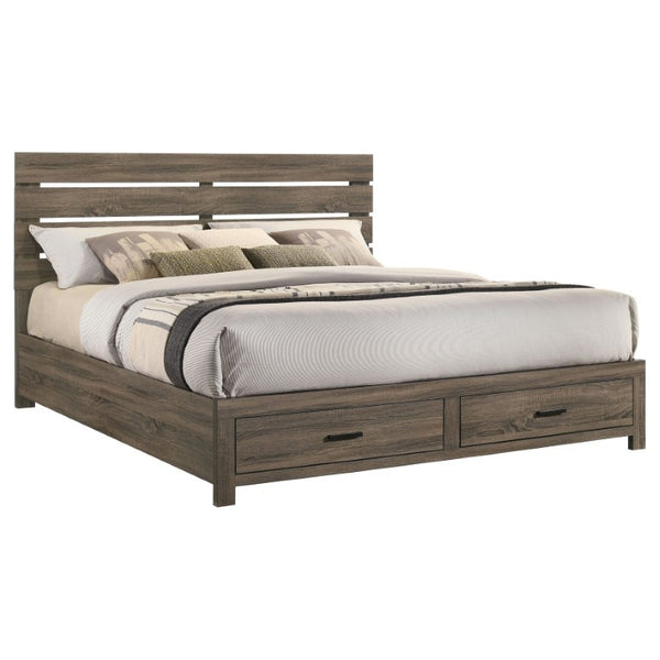 English Elm Camden Barrel Oak King Bedroom Set with Storage Bed Dresser Mirror and Nightstands B2777S00793
