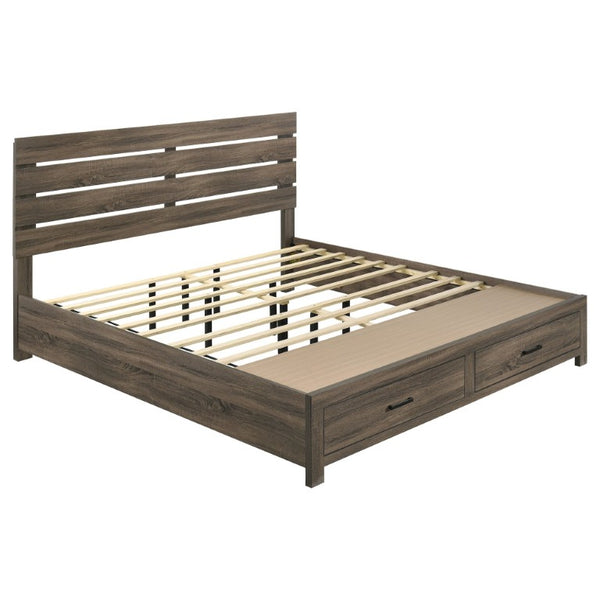 English Elm Camden Barrel Oak King Bedroom Set with Storage Bed Dresser Mirror and Nightstands B2777S00793