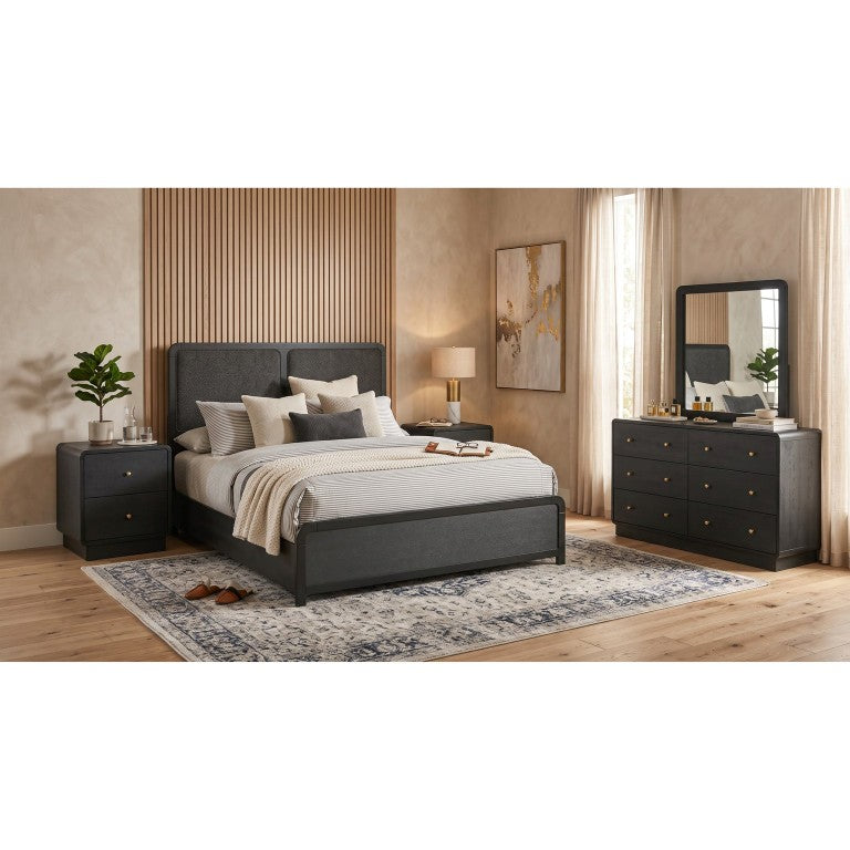English Elm Sorrento Mid-Century Modern Queen Bedroom Set with Brass Knobs and Fabric Headboard B2777S00804