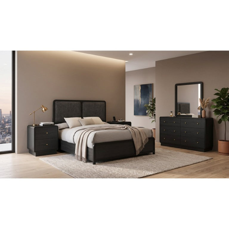 English Elm Sorrento Mid-Century Modern Queen Bedroom Set with Brass Knobs and Fabric Headboard B2777S00804