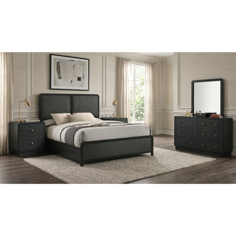 English Elm Sorrento Mid-Century Eastern King Bedroom Set with Brass Knobs and Fabric Panels B2777S00805