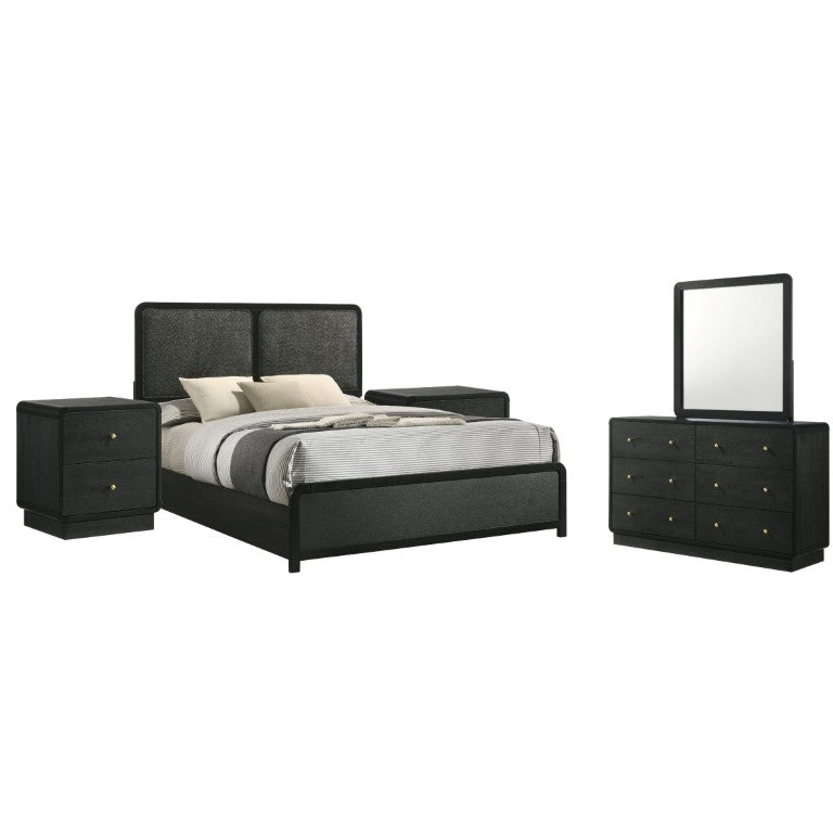 English Elm Sorrento Mid-Century Eastern King Bedroom Set with Brass Knobs and Fabric Panels B2777S00805