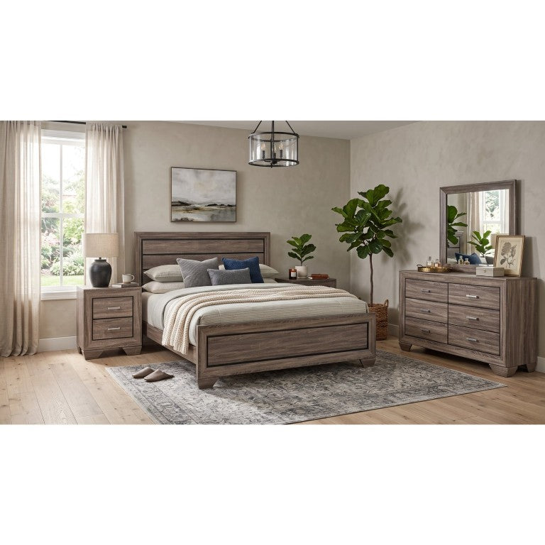English Elm Fairhaven Five Piece Eastern King Panel Bedroom Set with Washed Taupe Wood Finish B2777S00826