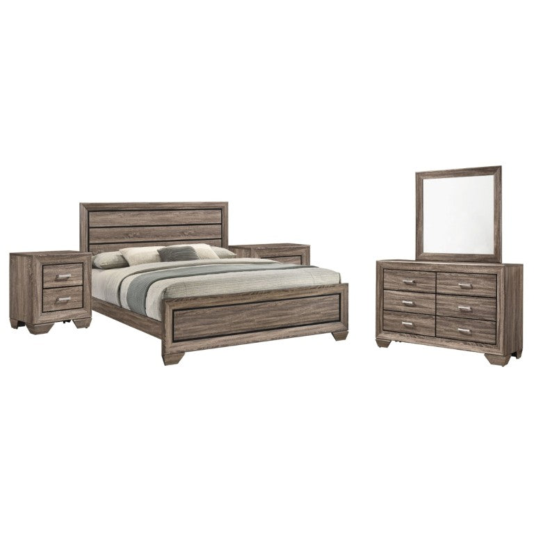 English Elm Fairhaven Five Piece Eastern King Panel Bedroom Set with Washed Taupe Wood Finish B2777S00826