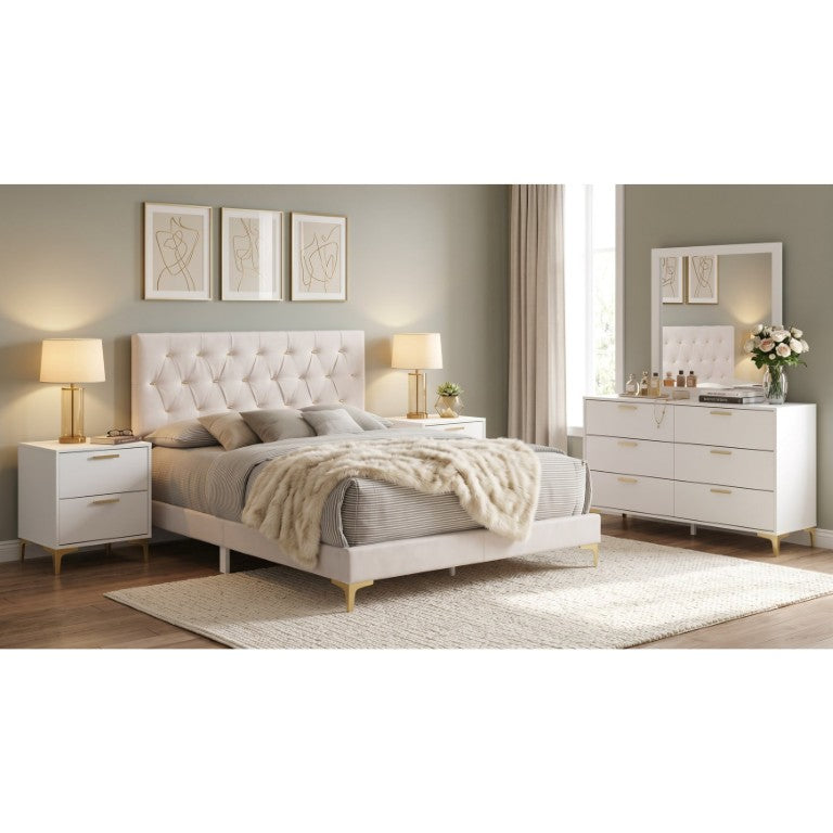 English Elm Sterling White Faux Leather Queen Bedroom Set with Mirrored Dresser and Metal Legs B2777S00833