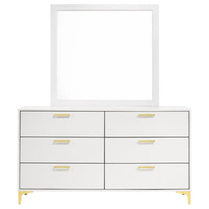 English Elm Sterling White Faux Leather Queen Bedroom Set with Mirrored Dresser and Metal Legs B2777S00833