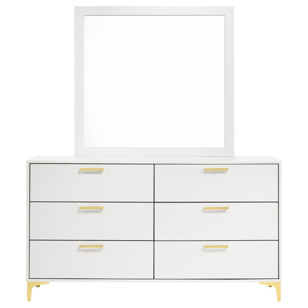 English Elm Sterling White Faux Leather Queen Bedroom Set with Mirrored Dresser and Metal Legs B2777S00833