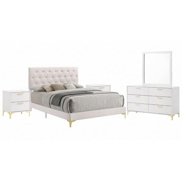 English Elm Sterling White Faux Leather Queen Bedroom Set with Mirrored Dresser and Metal Legs B2777S00833