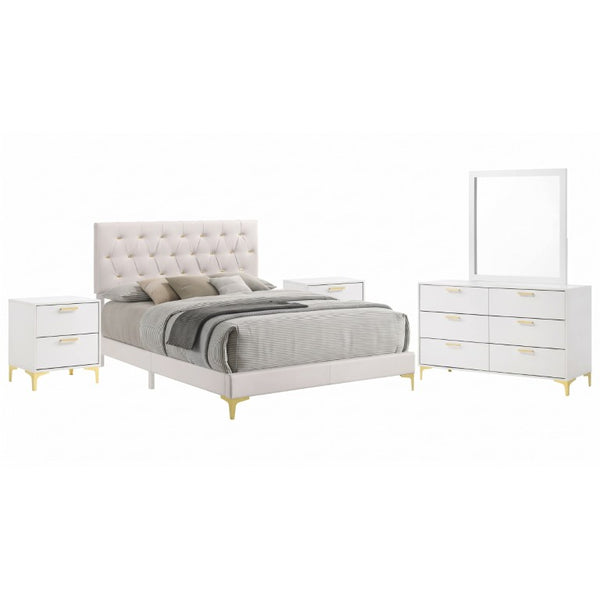 English Elm Sterling White Faux Leather Queen Bedroom Set with Mirrored Dresser and Metal Legs B2777S00833