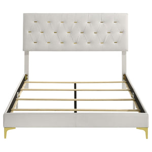 English Elm Sterling White Faux Leather Queen Bedroom Set with Mirrored Dresser and Metal Legs B2777S00833