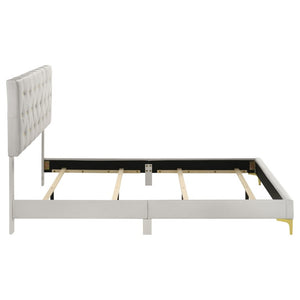English Elm Sterling White Faux Leather Queen Bedroom Set with Mirrored Dresser and Metal Legs B2777S00833